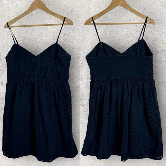 J Crew Navy Blue Eyelet Knee Length Summer Dress Womens Size XL Flare Sweetheart - Picture 5 of 14